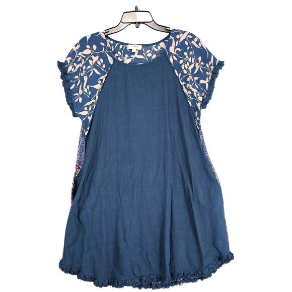 Umgee Dresses & Skirts - Umgee Women's S Boho Floral Fringe Blue Shift Short Dress, Linen Fairy Summer